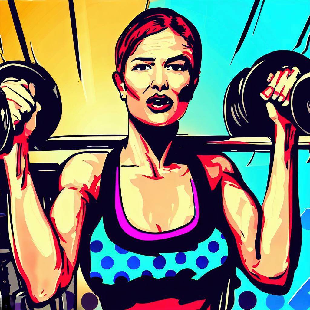 A woman lifting weights at the gym. - Pop art style