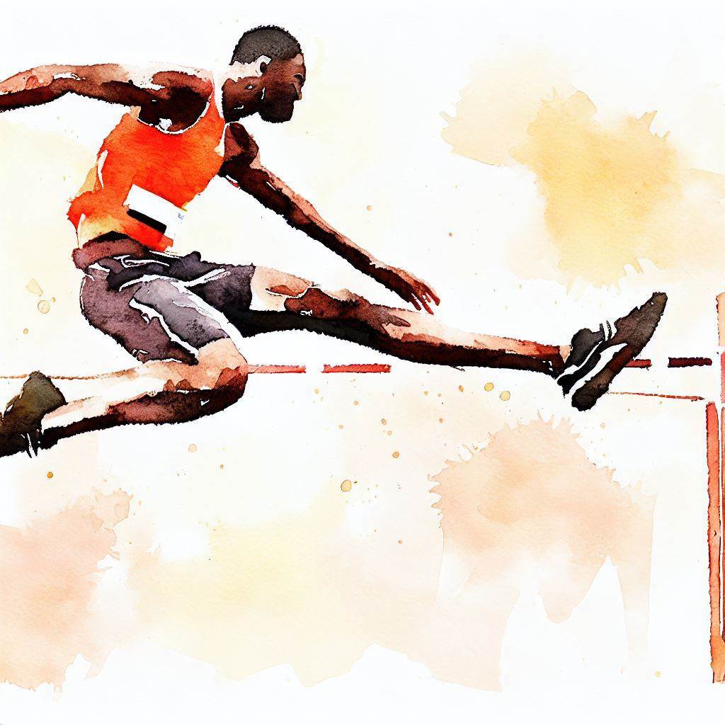 A man performing a high jump. - Watercolor style