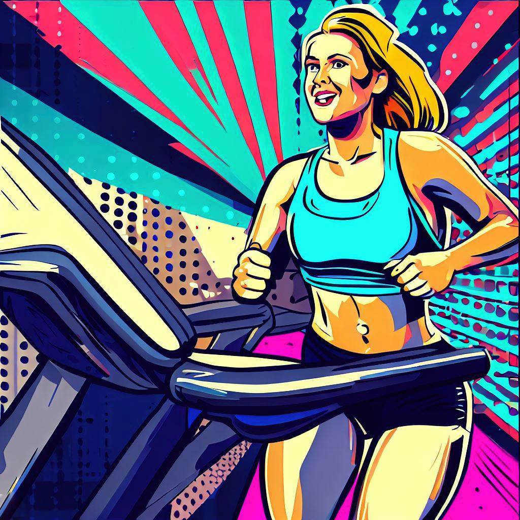 A woman running on a treadmill at the gym. - Pop art style