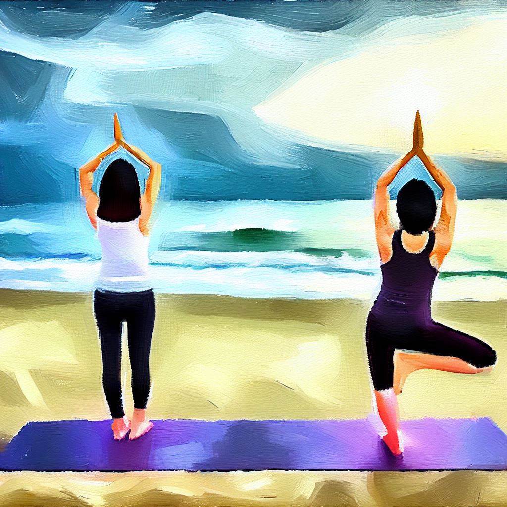 Two people practicing yoga on the beach. - Oil painting style