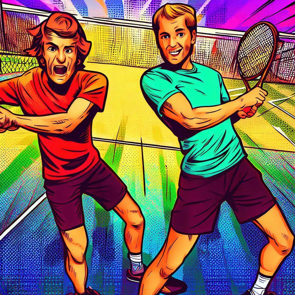 Two friends playing tennis in a vibrant tennis court. - Comic book style