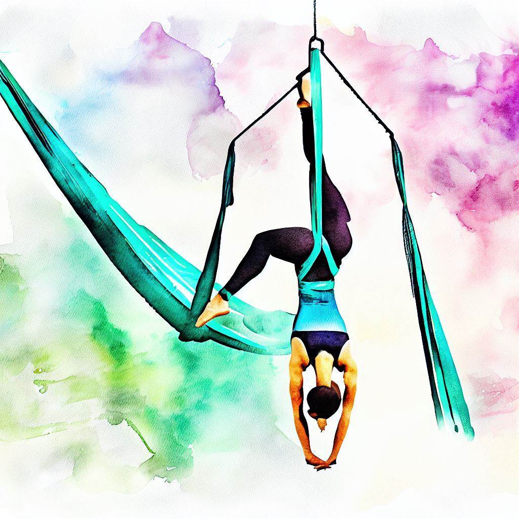 A woman practicing aerial yoga suspended from fabric. - Watercolor style