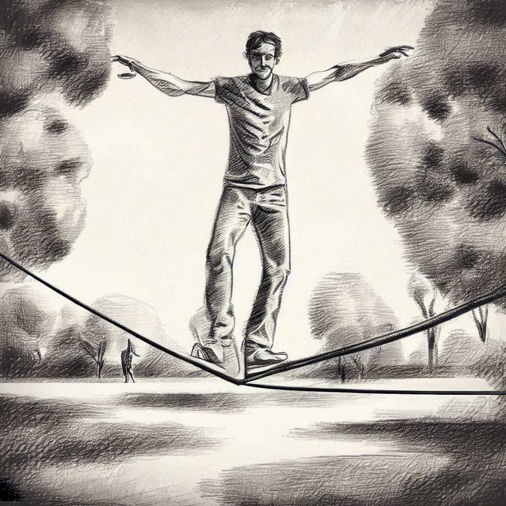 A person balancing on a slackline in a park - Pencil drawing style