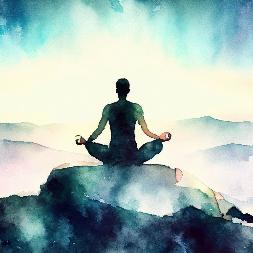 A person meditating on a mountaintop - Watercolor style