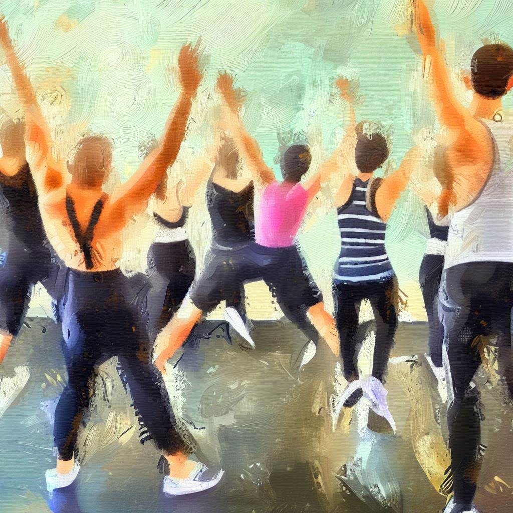 A group of people doing jumping jacks in a fitness class - Oil painting style