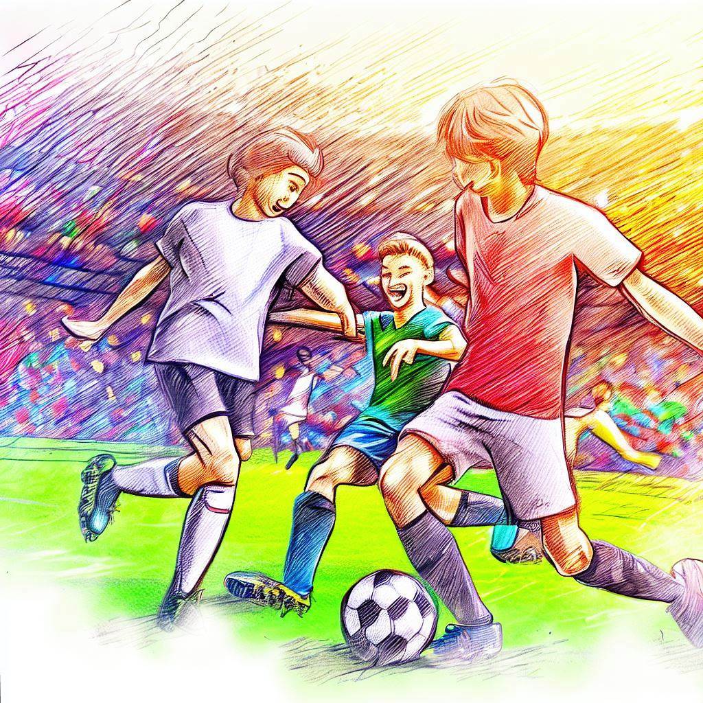 A group of friends playing soccer in a vibrant stadium - Pencil drawing style