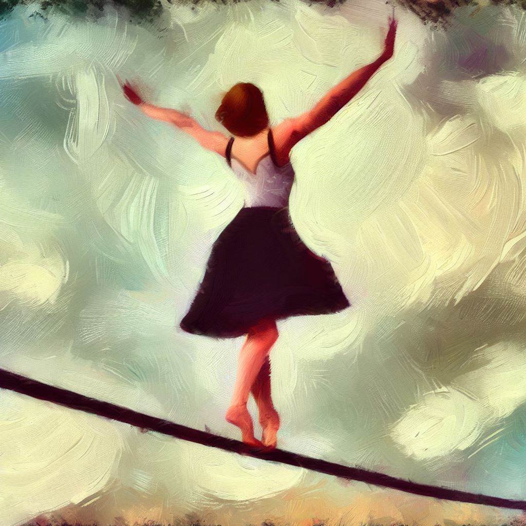 A woman balancing on a tightrope - Oil painting style