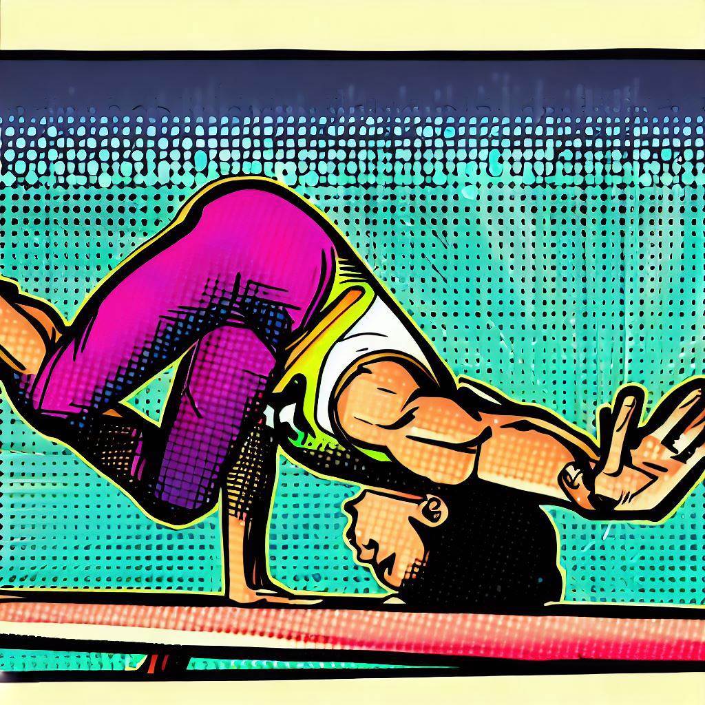 A person doing a forward roll on a gymnastics beam - Comic book style
