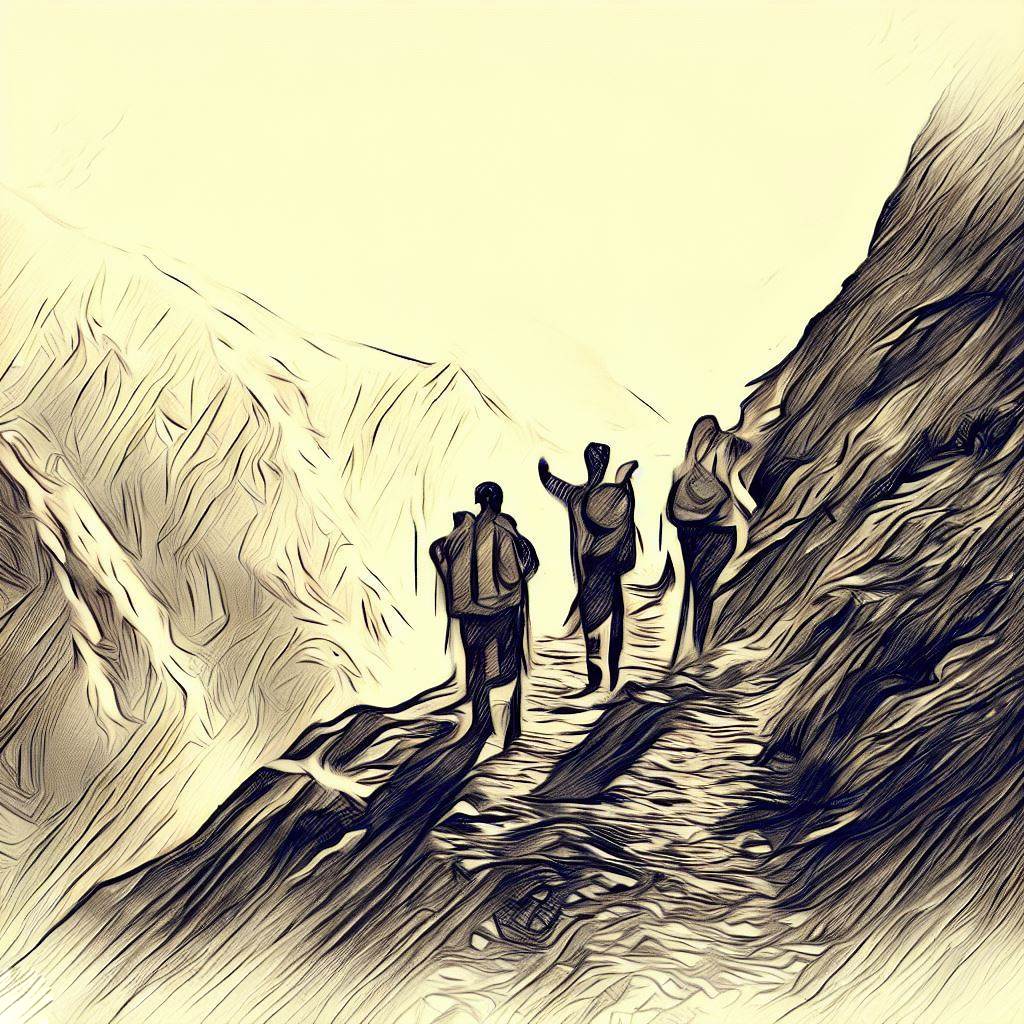 A group of friends hiking up a steep mountain trail - Pencil drawing style