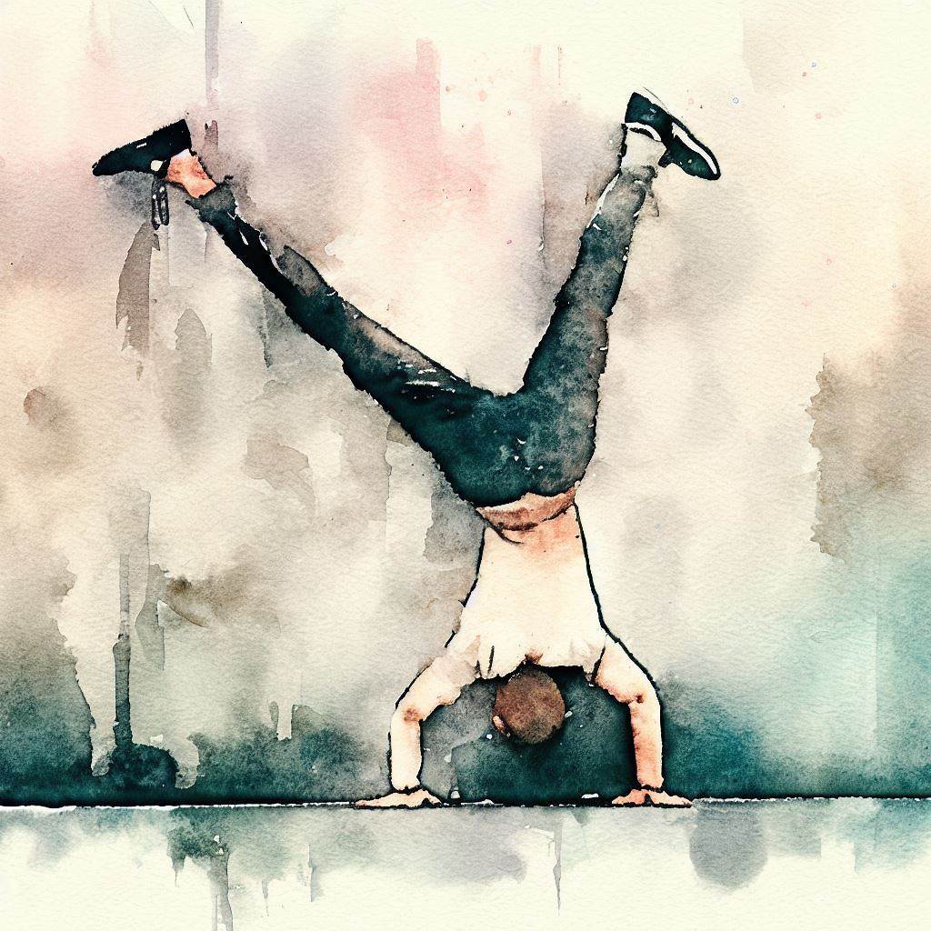 A person doing a one-handed handstand against a wall - Watercolor style