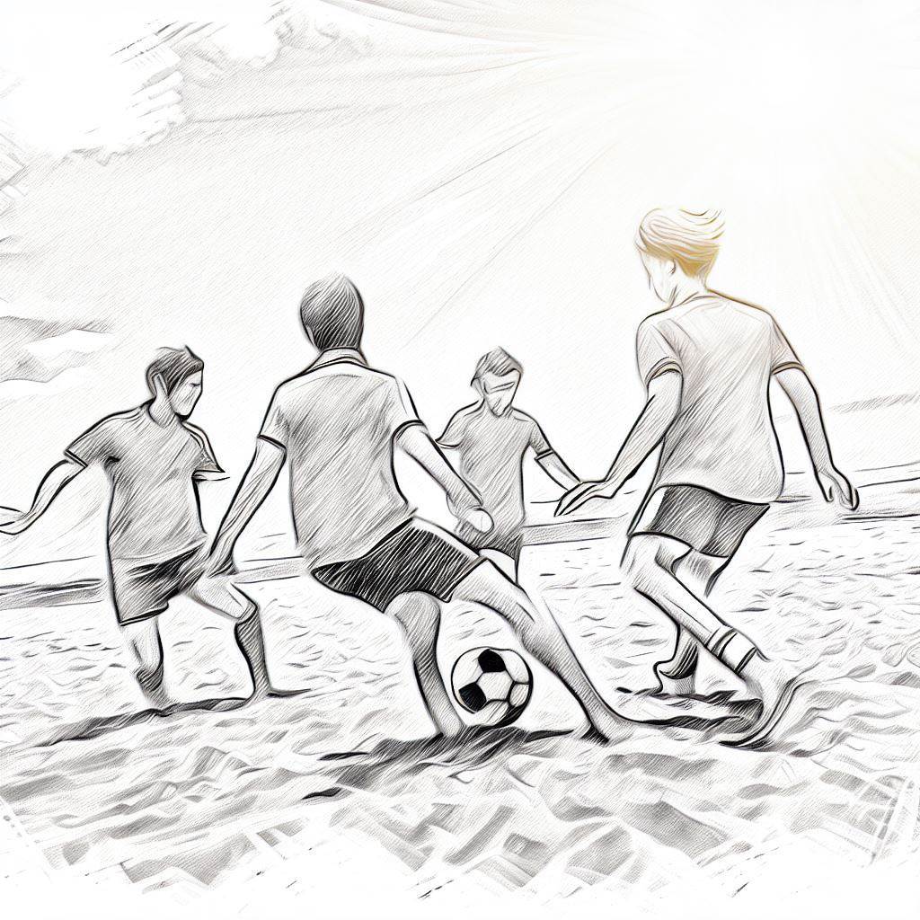 A group of friends playing beach soccer on a sunny day - Pencil drawing style