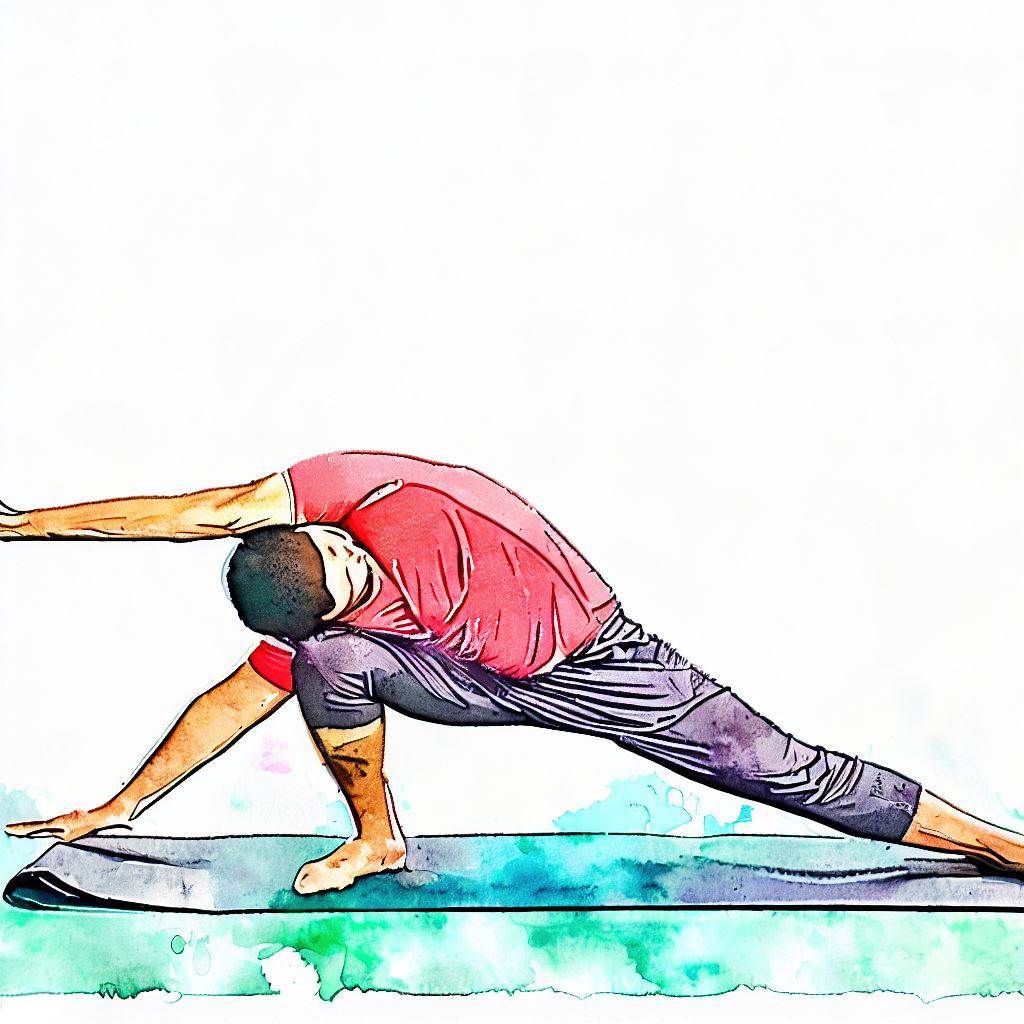 A person doing a split stretch on a yoga mat - Watercolor style