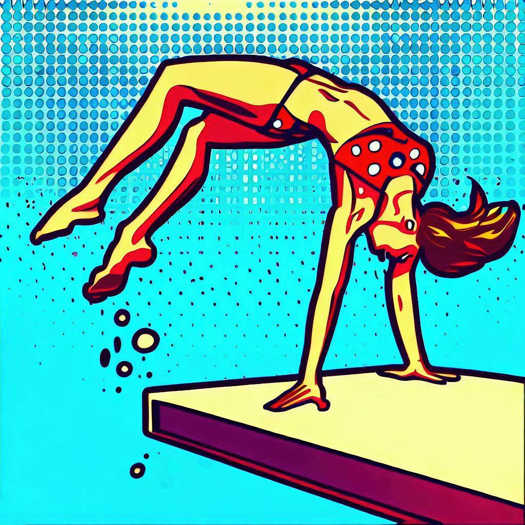 A woman doing a backflip off a diving board - Pop art style