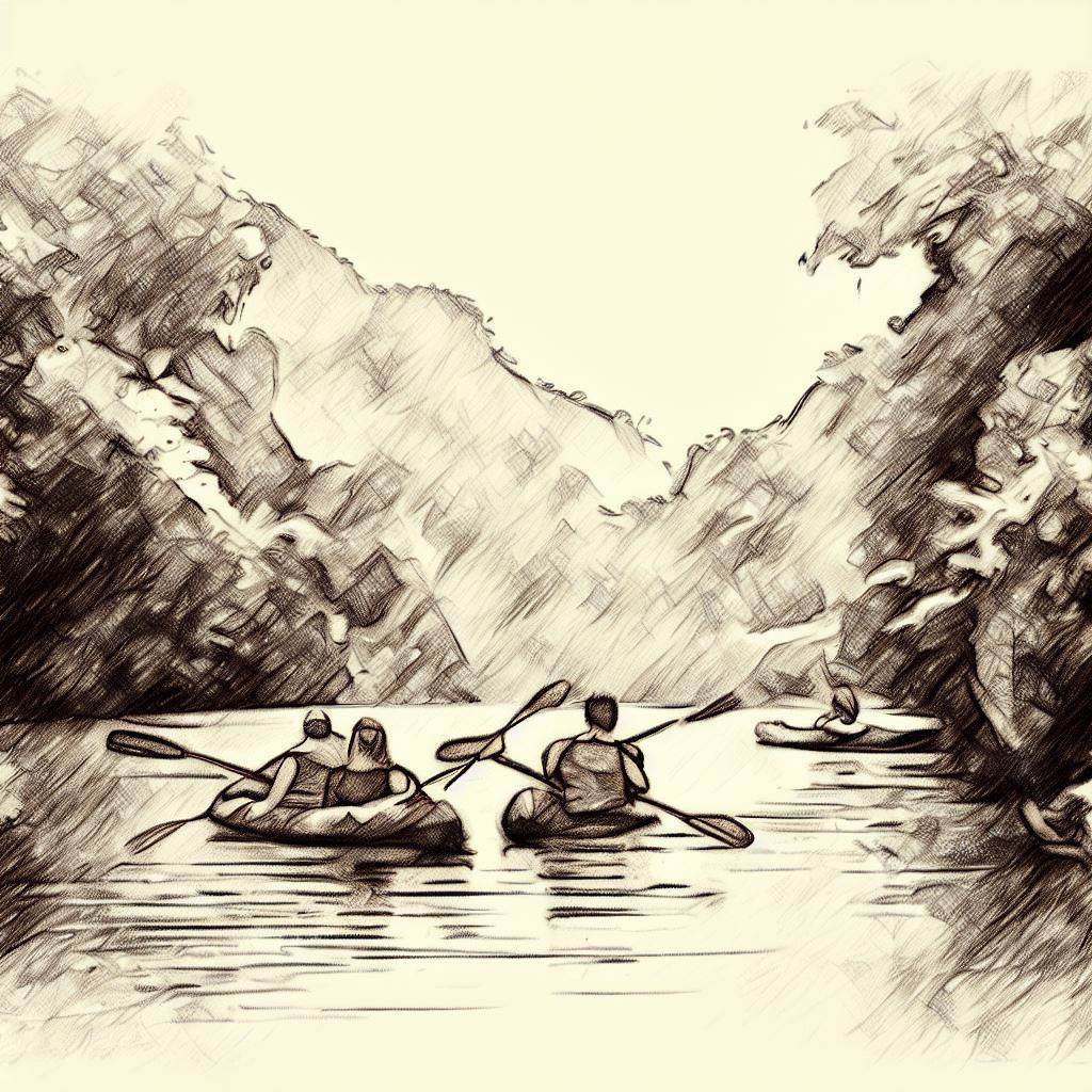 A group of friends kayaking in a picturesque river - Pencil drawing style