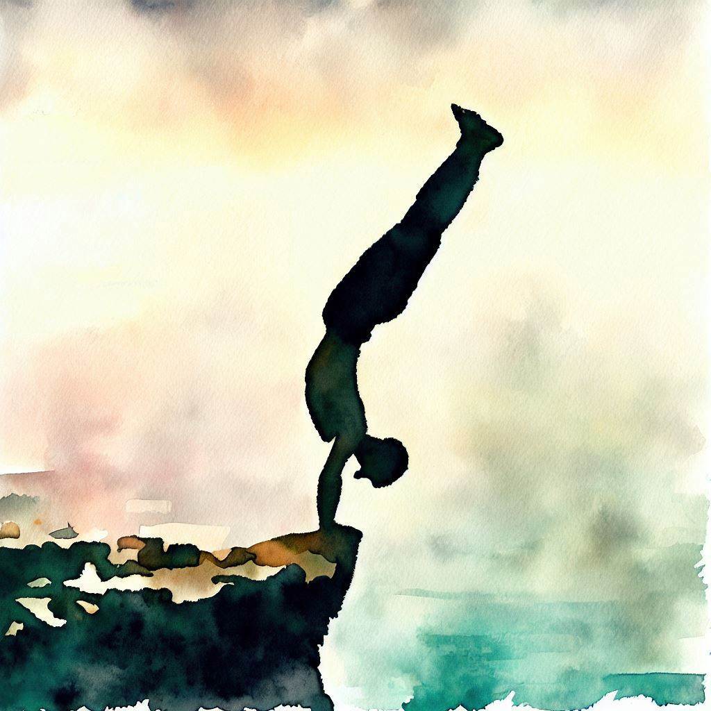 A person doing a handstand on the edge of a cliff - Watercolor style