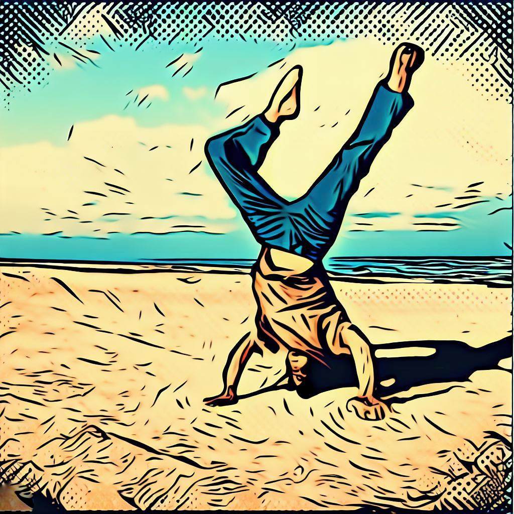 A person doing a cartwheel on a sandy beach - Comic book style