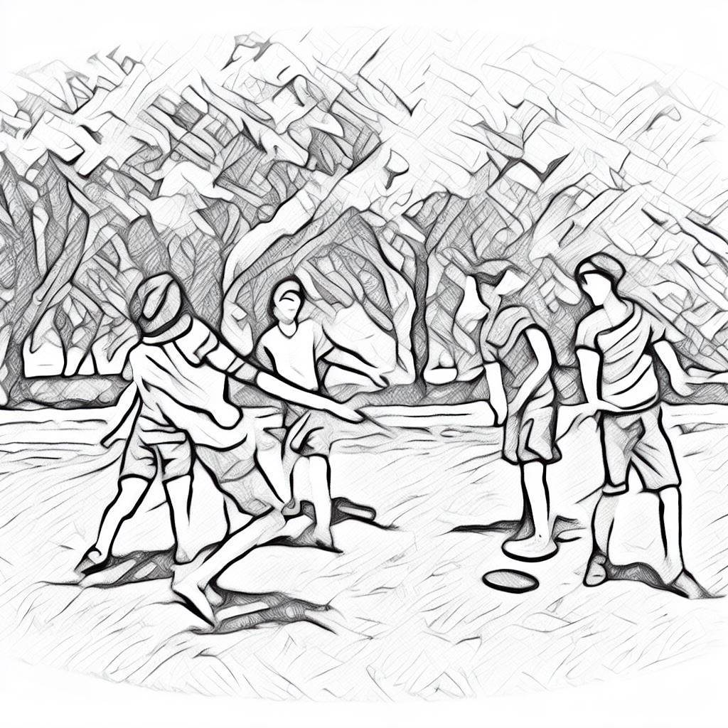 A group of friends playing frisbee in a park - Pencil drawing style