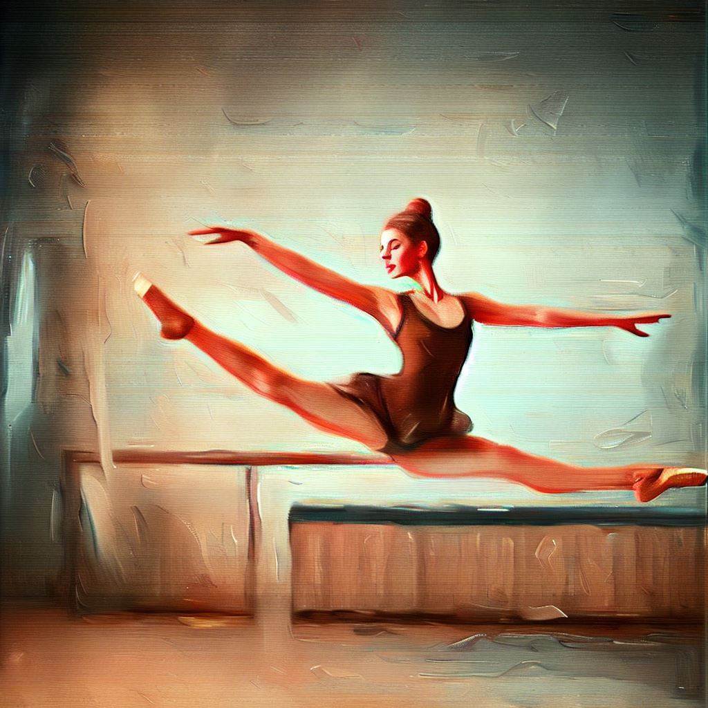 A woman doing a split leap in a ballet studio - Oil painting style