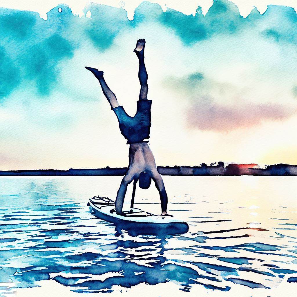 A person doing a handstand on a paddleboard in the middle of a lake - Watercolor style