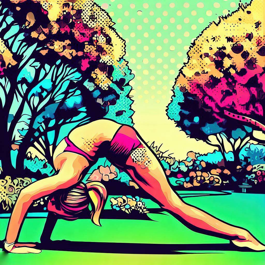 A woman doing a forward bend in a serene garden - Pop art style