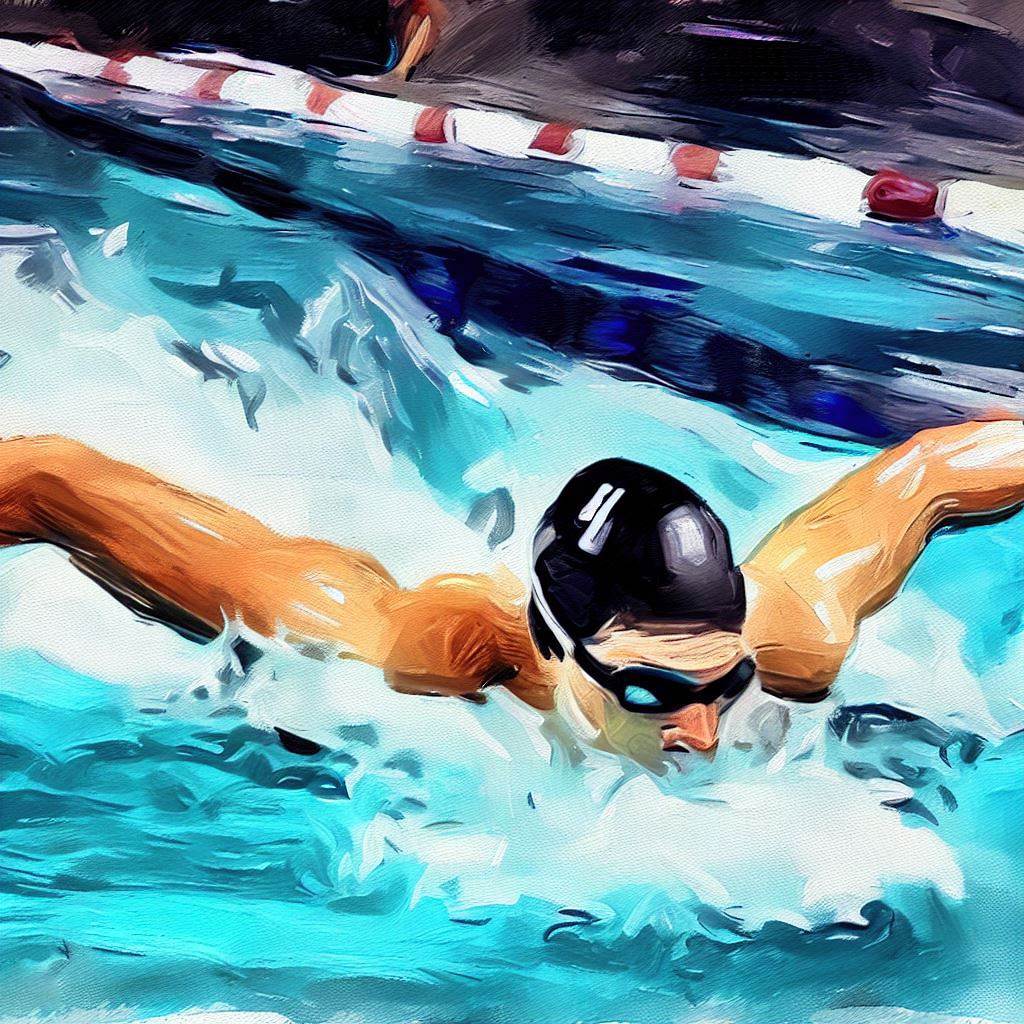 A man swimming butterfly stroke in a competitive pool - Oil painting style