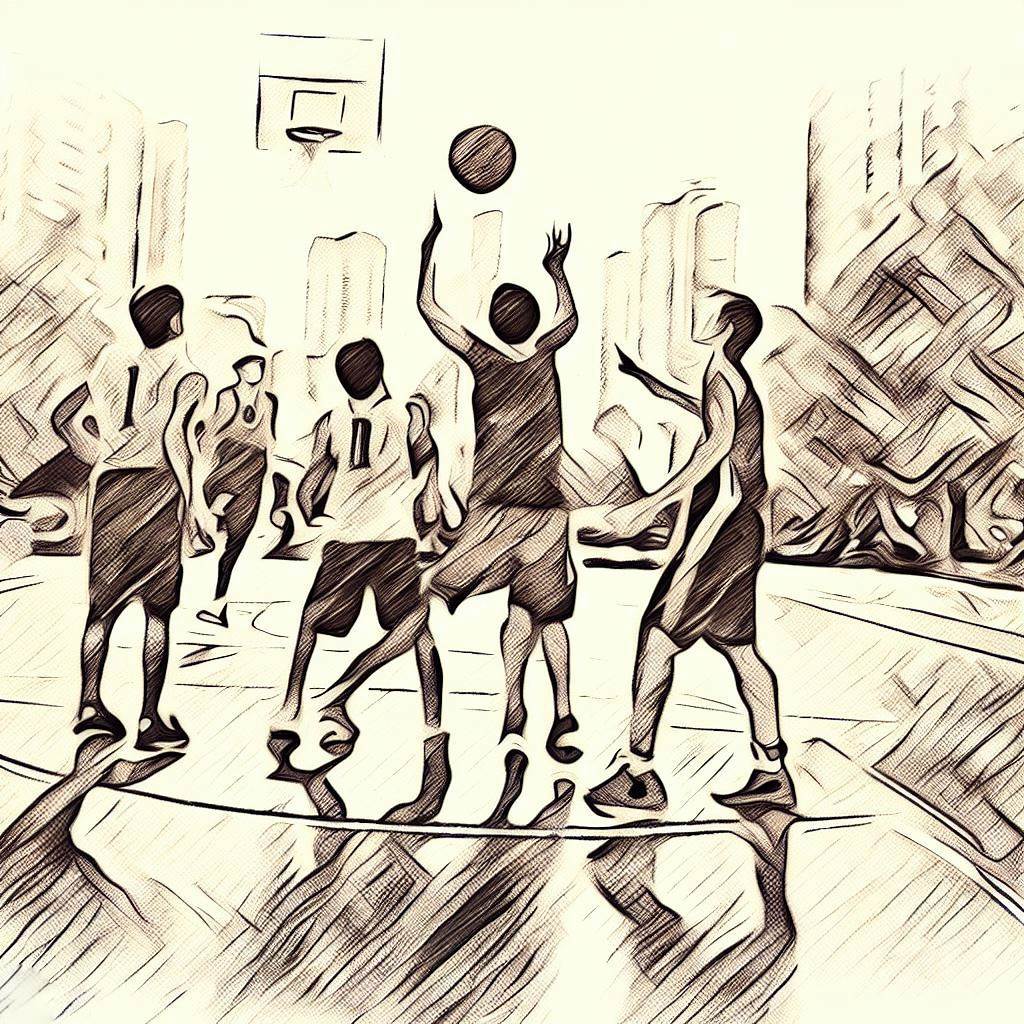 A group of friends playing basketball in an urban court - Pencil drawing style