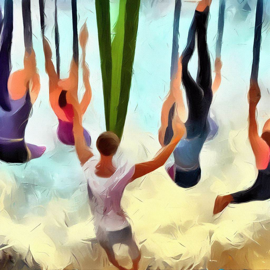 A group of people doing aerial yoga using hammocks - Oil painting style