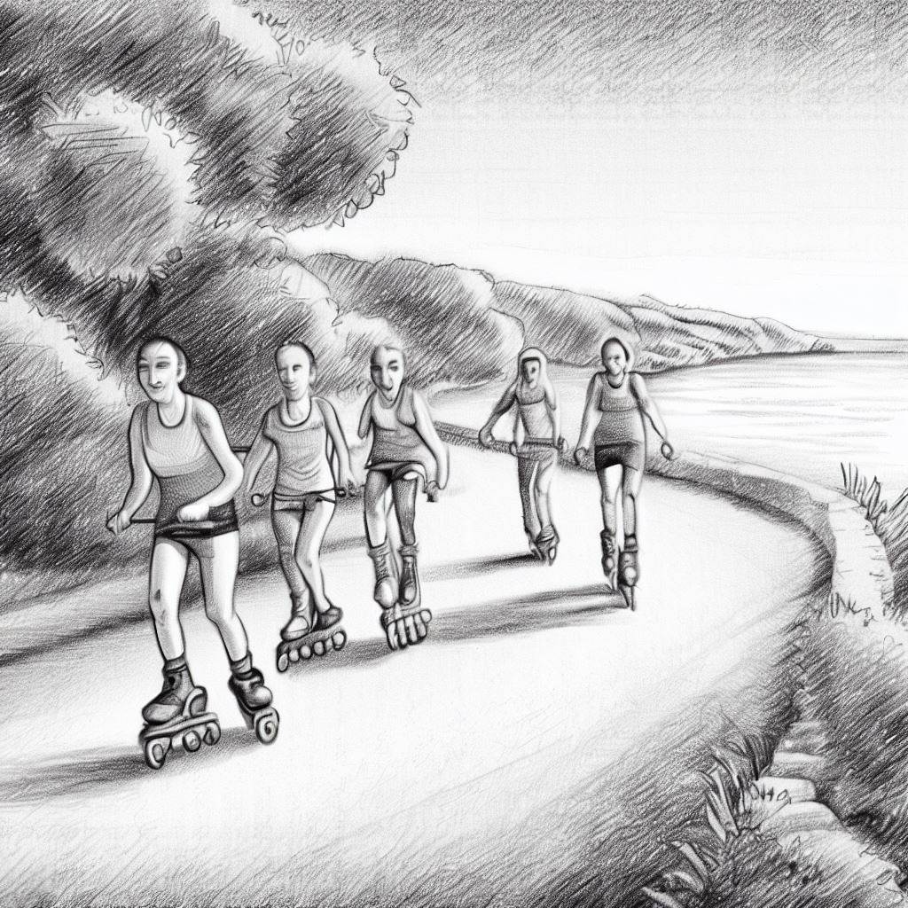 A group of friends rollerblading along a scenic coastal road - Pencil drawing style
