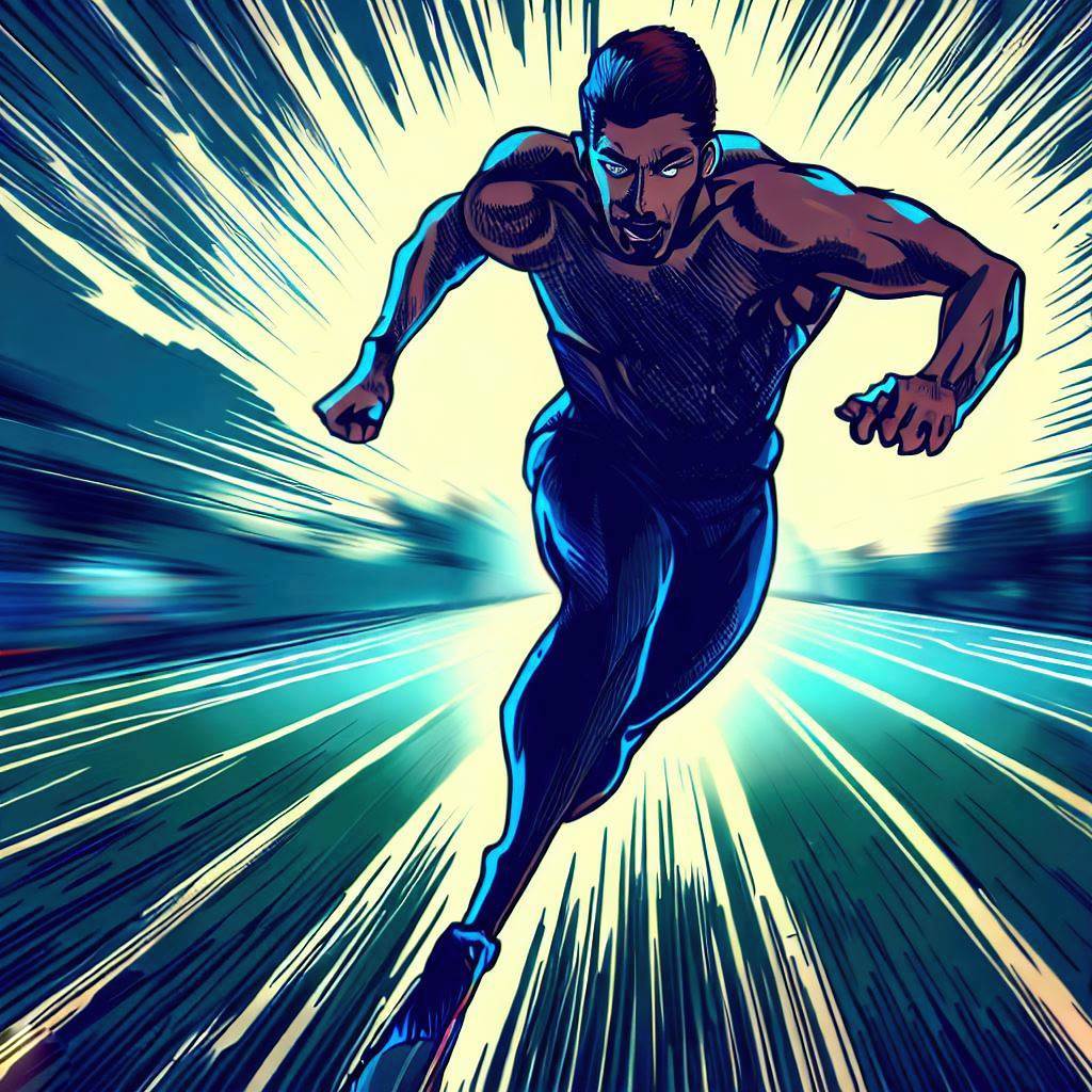 A person sprinting on a track with explosive speed - Comic book style