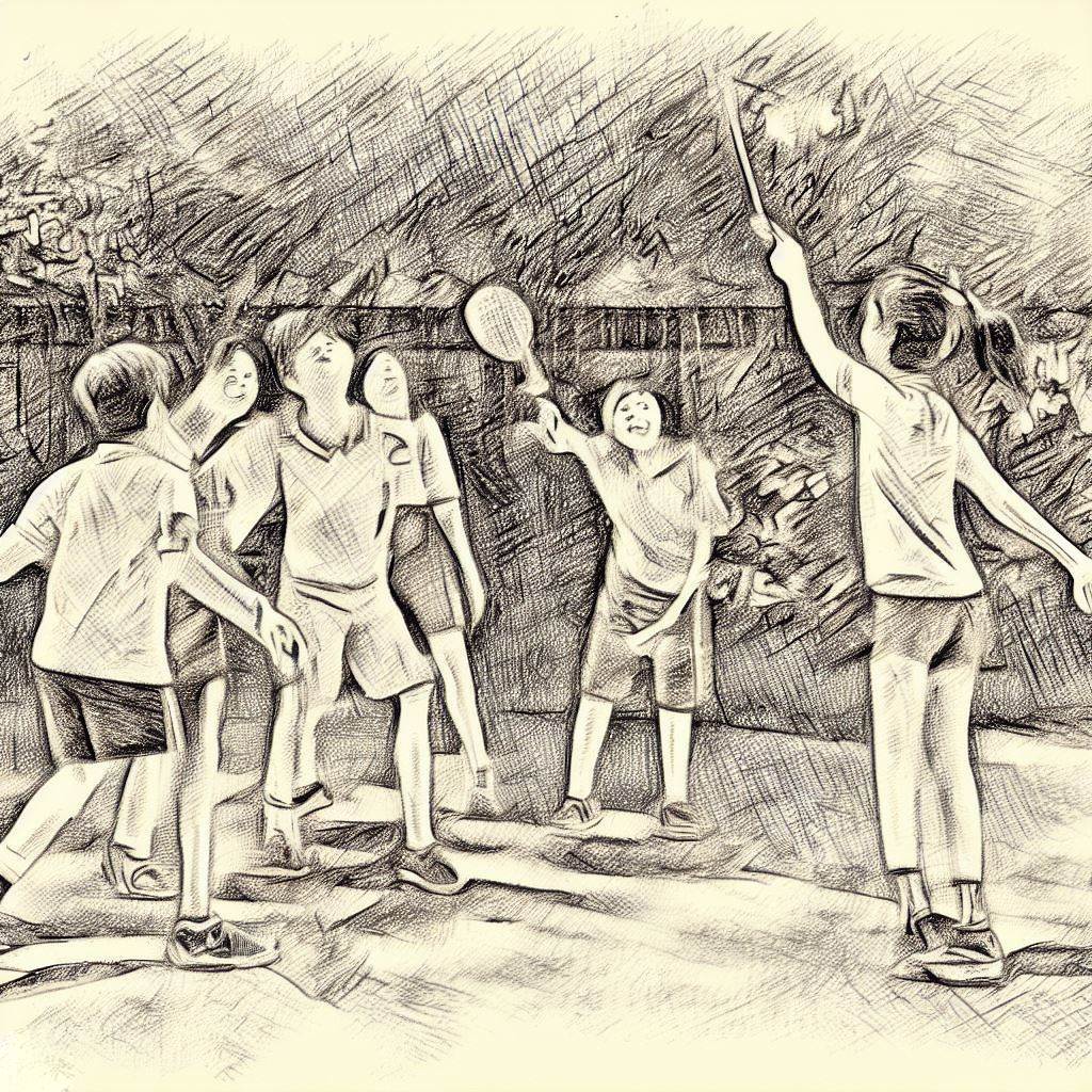 A group of friends playing badminton in a backyard - Pencil drawing style