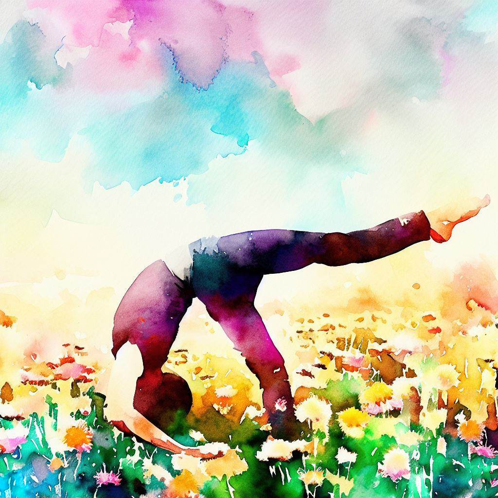 A person doing a backbend in a field of colorful flowers - Watercolor style