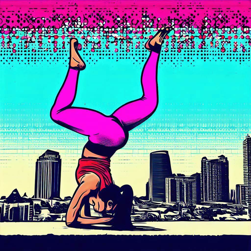 A woman doing a handstand on a rooftop with a city skyline as a backdrop - Pop art style