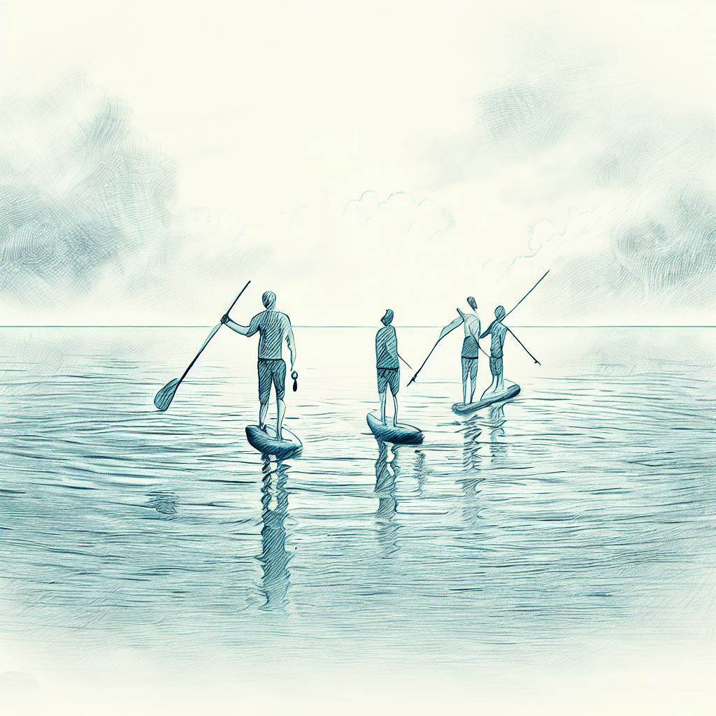 A group of friends paddleboarding on a serene lake - Pencil drawing style