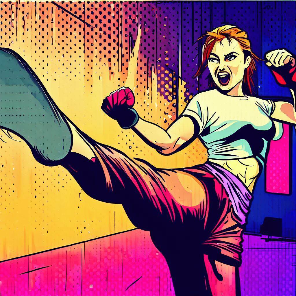 A woman practicing Muay Thai kicks in a martial arts studio - Pop art style