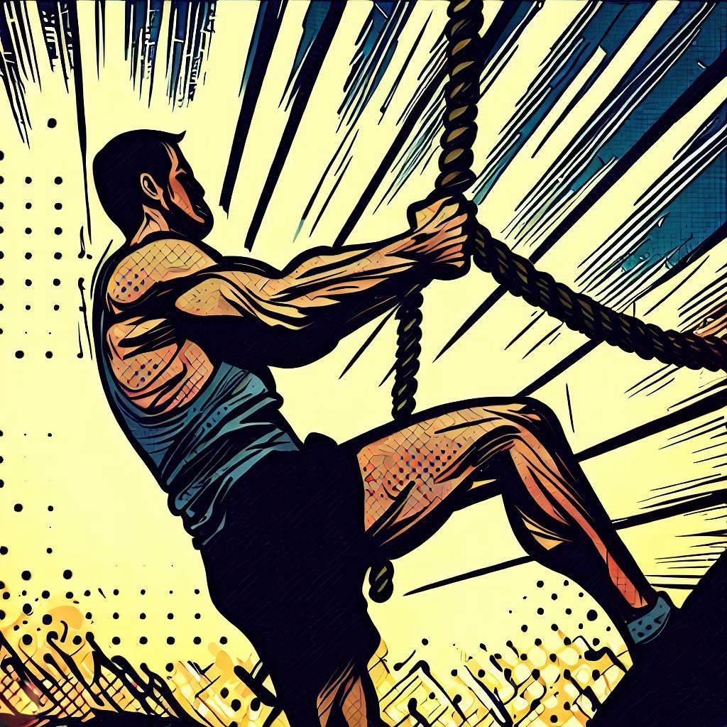 A person climbing a rope during a challenging obstacle course race - Comic book style