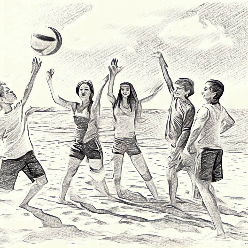 A group of friends playing volleyball on a sunny beach - Pencil drawing style