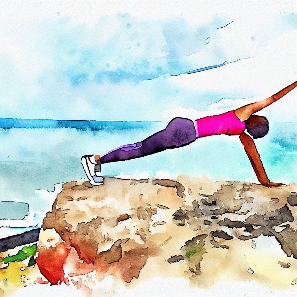 A person doing a side plank on a rocky cliff overlooking the ocean - Watercolor style