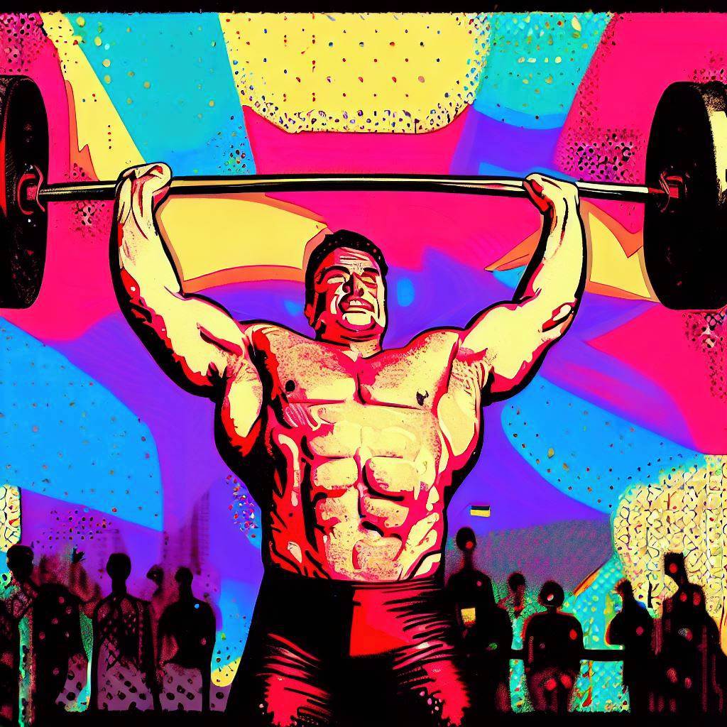 A man lifting a barbell overhead during a powerlifting competition - Pop art style