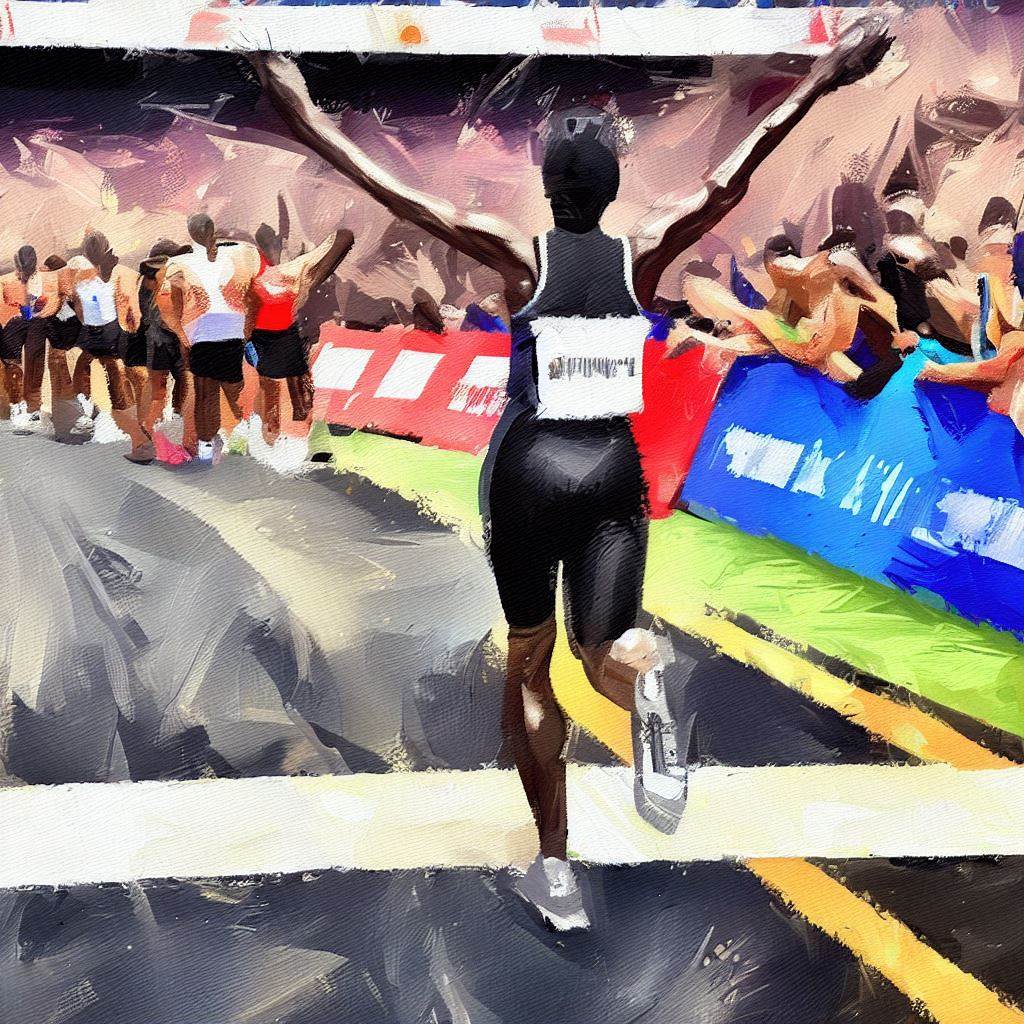 A runner crossing the finish line of a marathon - Oil painting style