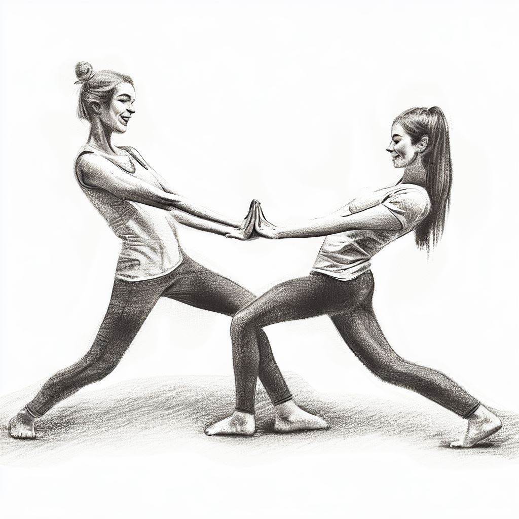 Two friends doing partner yoga poses - Pencil drawing style
