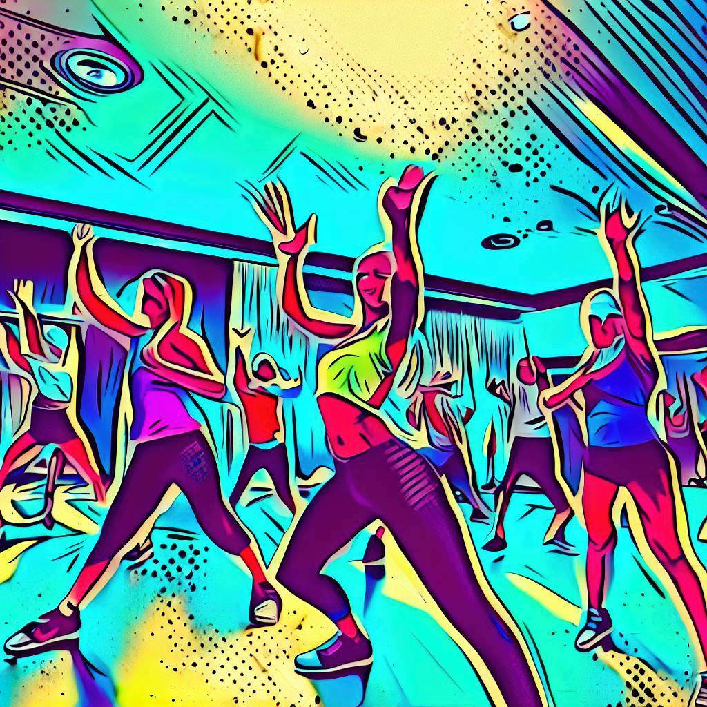 A group of people doing Zumba in a dance studio - Pop art style