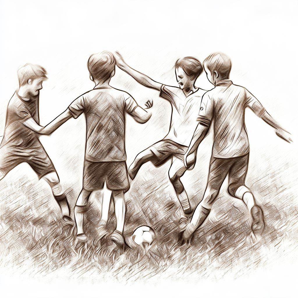 A group of friends playing a game of soccer - Pencil drawing style