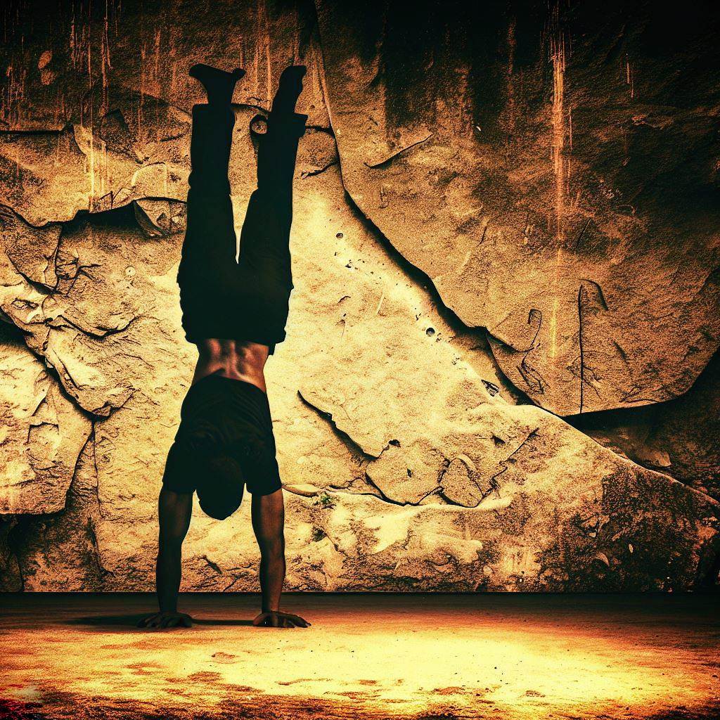 A person doing a handstand push-up against a wall - Cave painting style