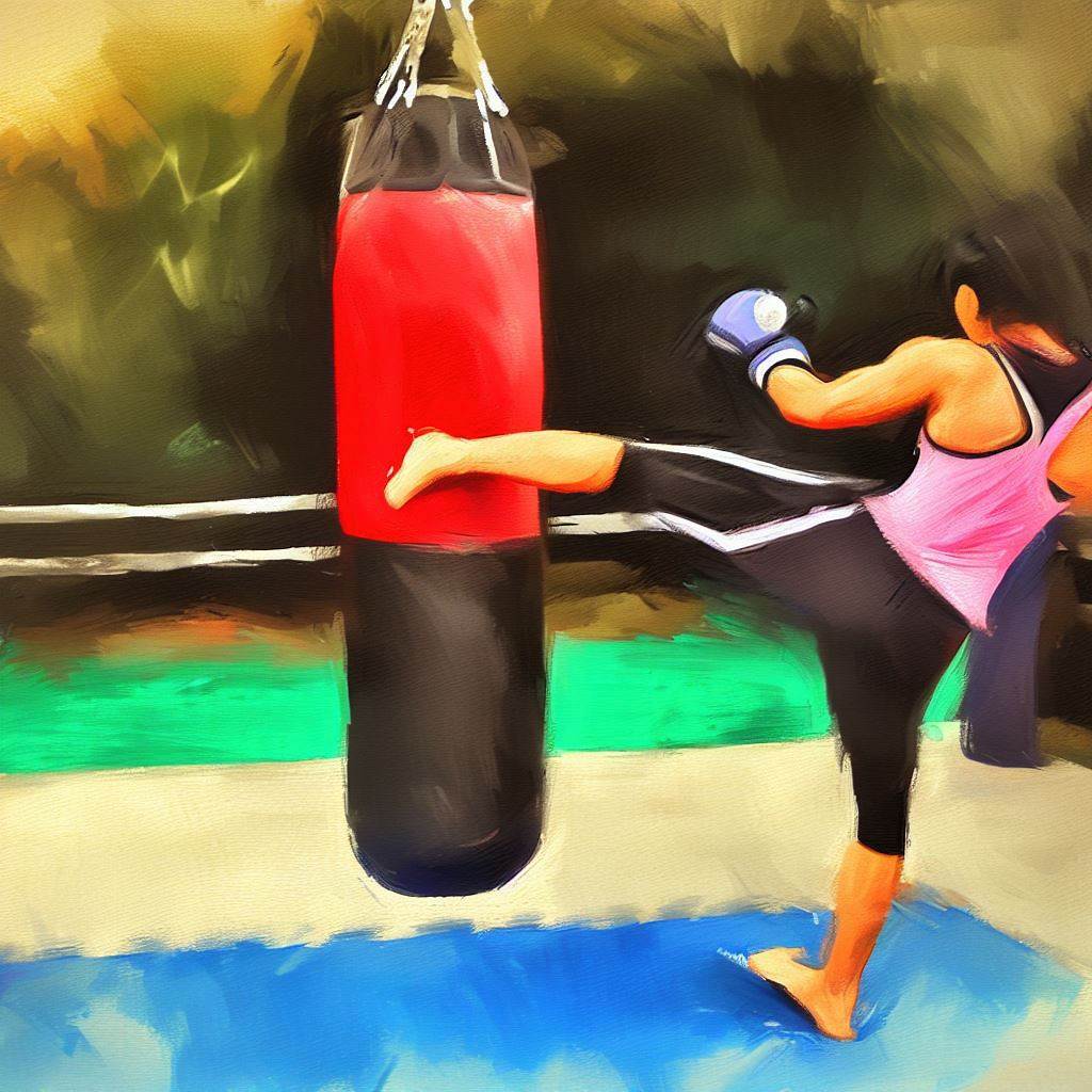 A person practicing kickboxing with a punching bag - Oil painting style