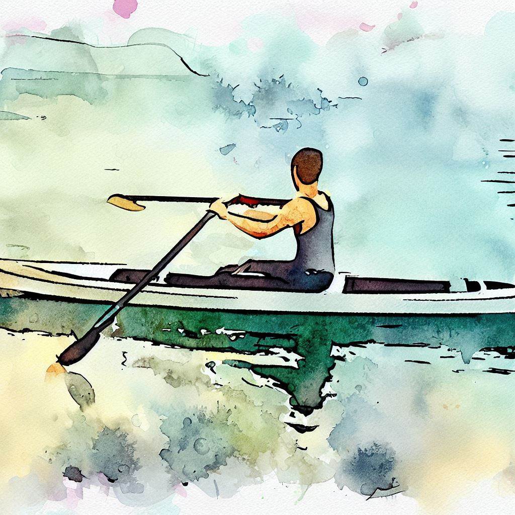 A rower paddling on a calm lake - Watercolor style