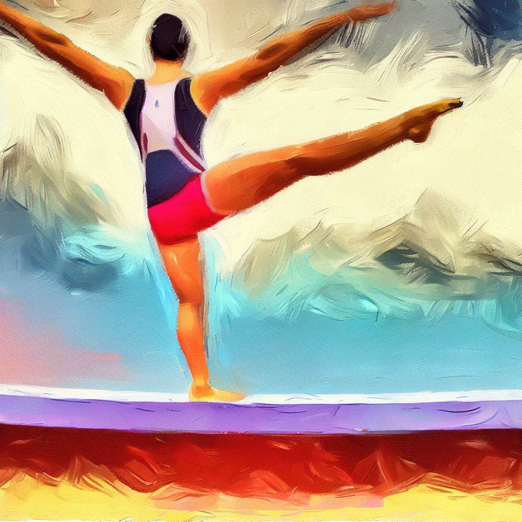 A person practicing gymnastics on a balance beam - Oil painting style