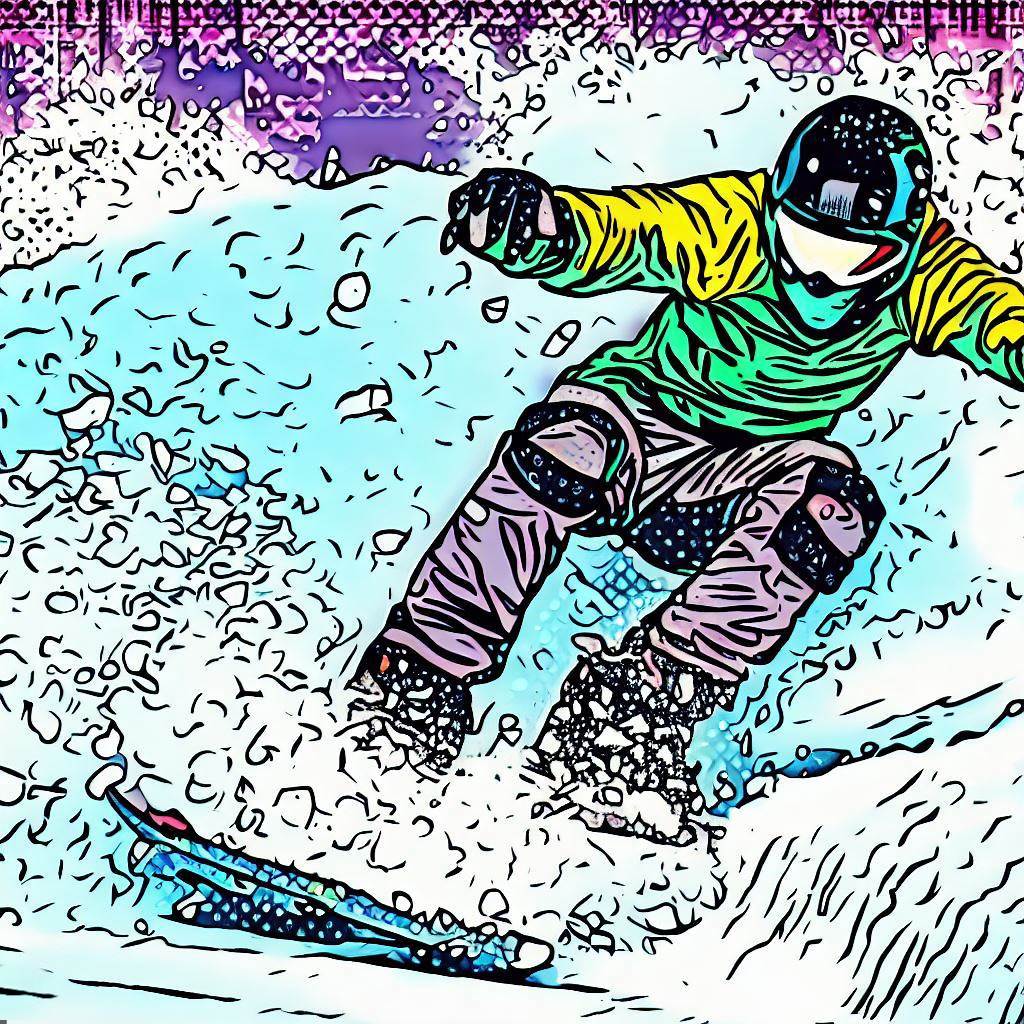 A snowboarder carving through fresh powder - Comic book style