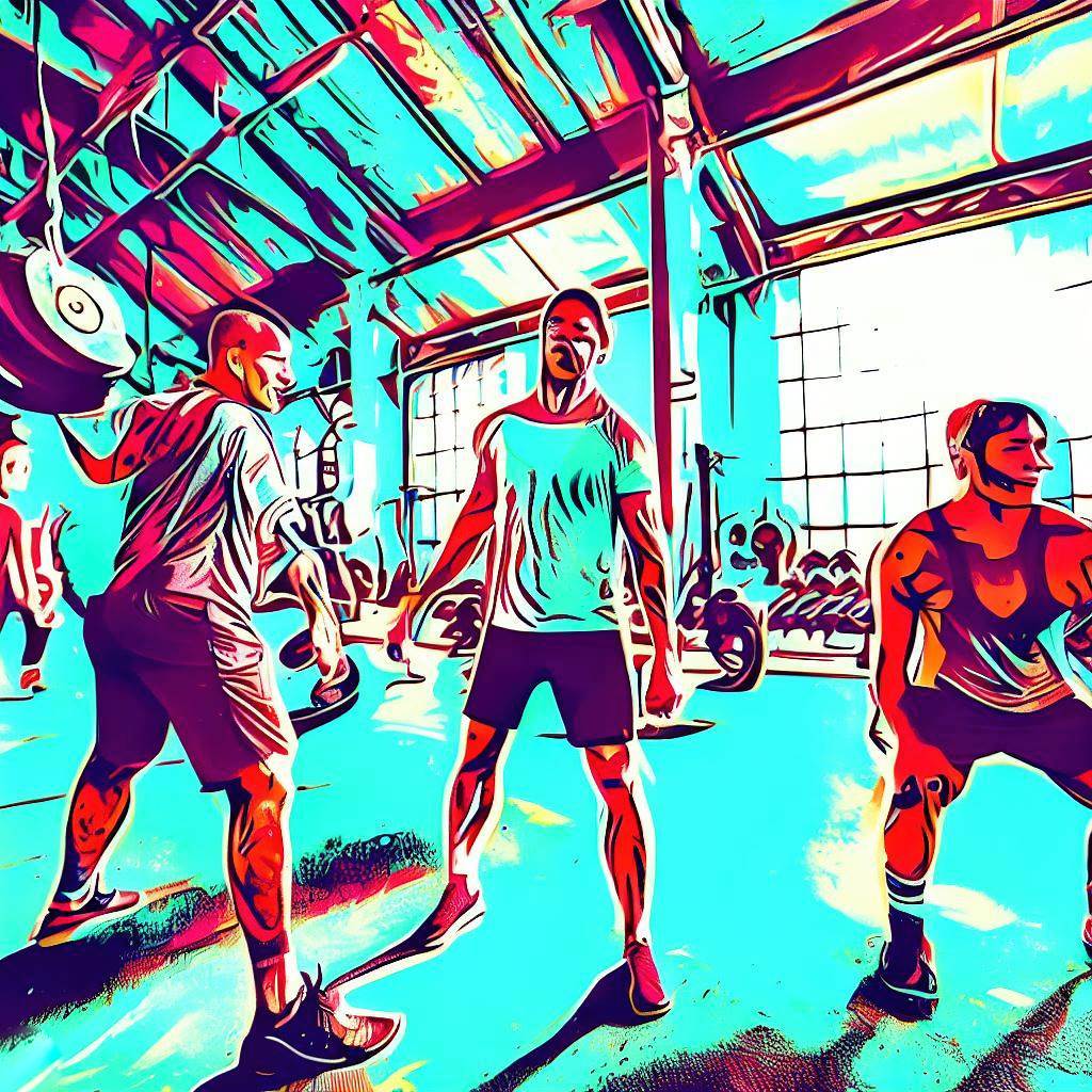 A group of people doing CrossFit exercises in a warehouse gym - Pop art style