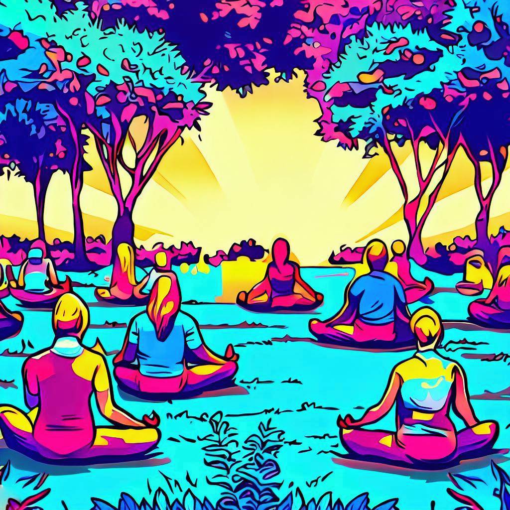 A group of people doing group meditation in a peaceful garden - Pop art style