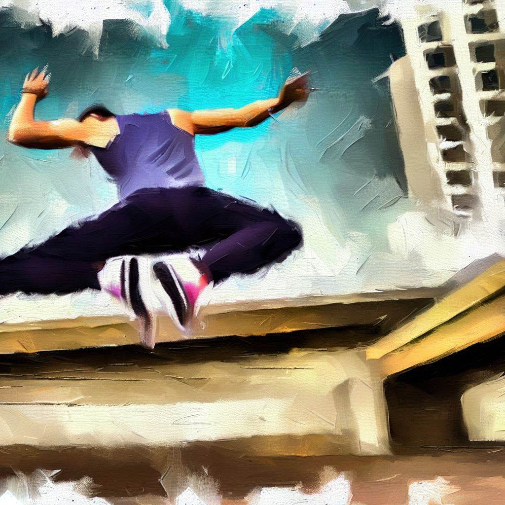 A person practicing parkour in an urban environment - Oil painting style